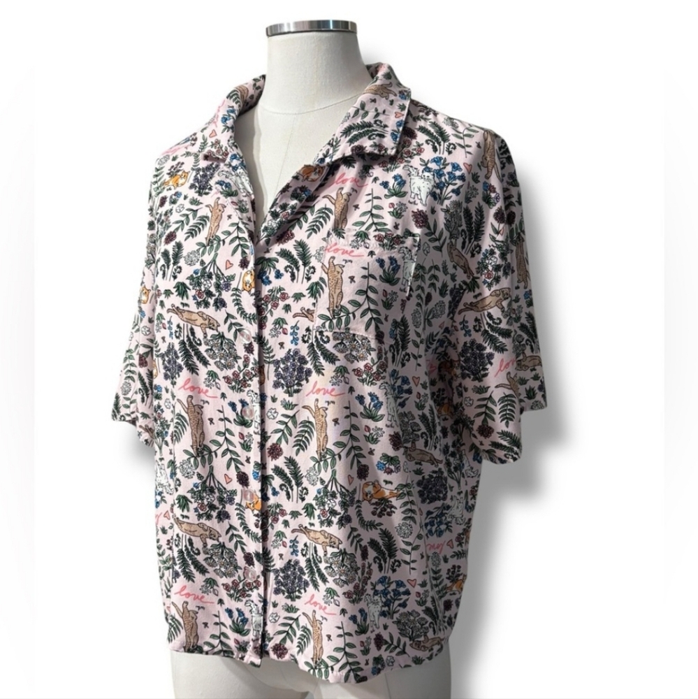 ED ELLEN DEGENERES Pink Cropped Button Front Pajama Top Cats & Plants